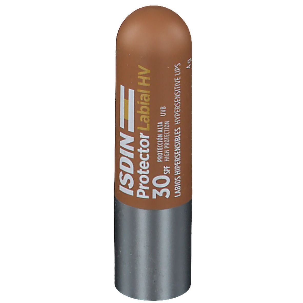 Lippenpflegestift. Brauner Stift mit silbernem Boden. Text: ISDIN Protector Labial HV 30 SPF. Für hypersensible Lippen.
