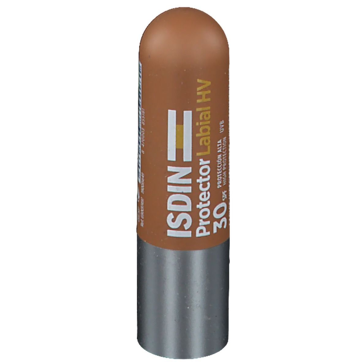 Lippenpflegestift. Brauner Stift mit silbernem Boden. Text: ISDIN Protector Labial HV 30 SPF. Für hypersensible Lippen.