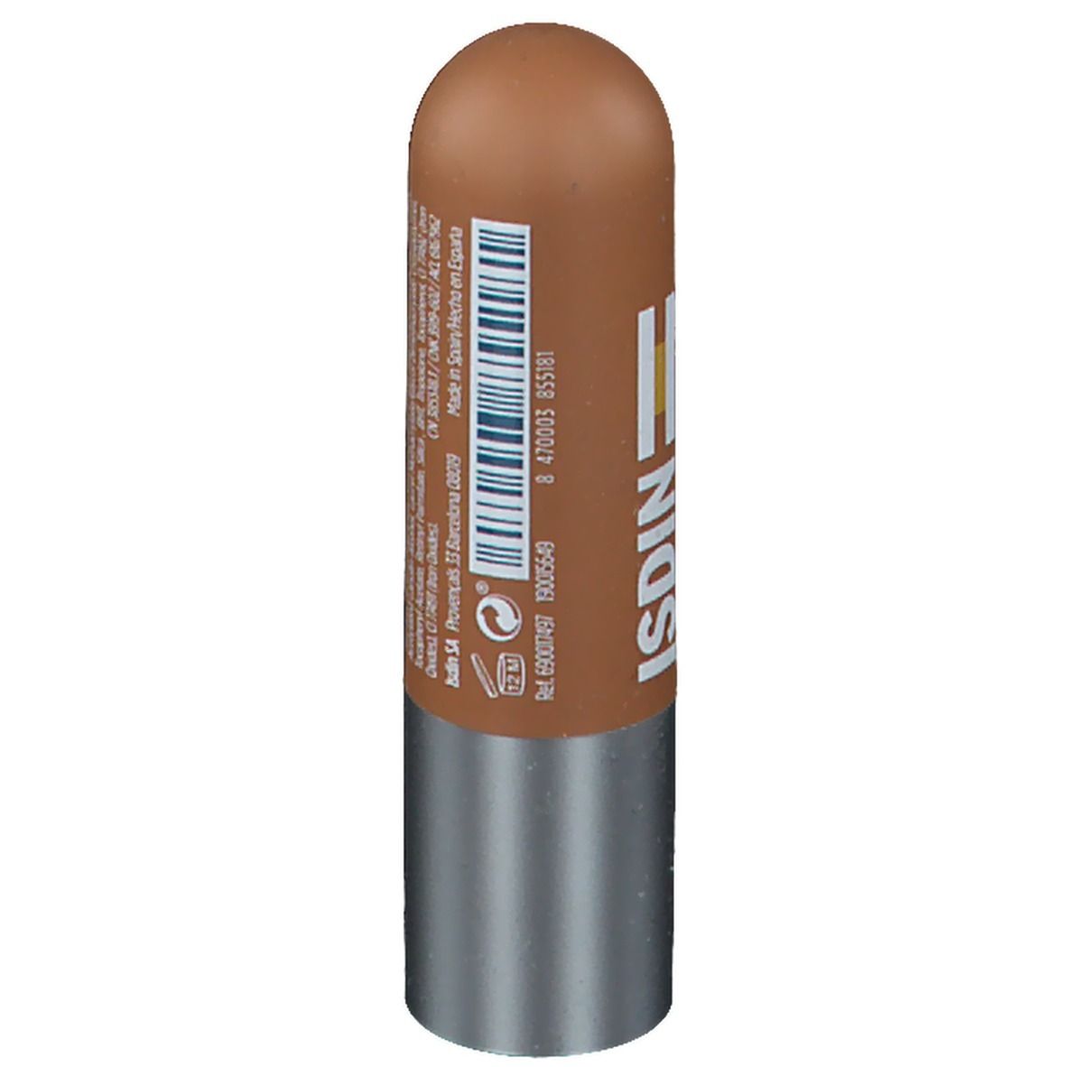 Lippenpflegestift. Brauner Stift mit silbernem Boden. Rückseite mit Barcode und Text. Herstellerinformationen.