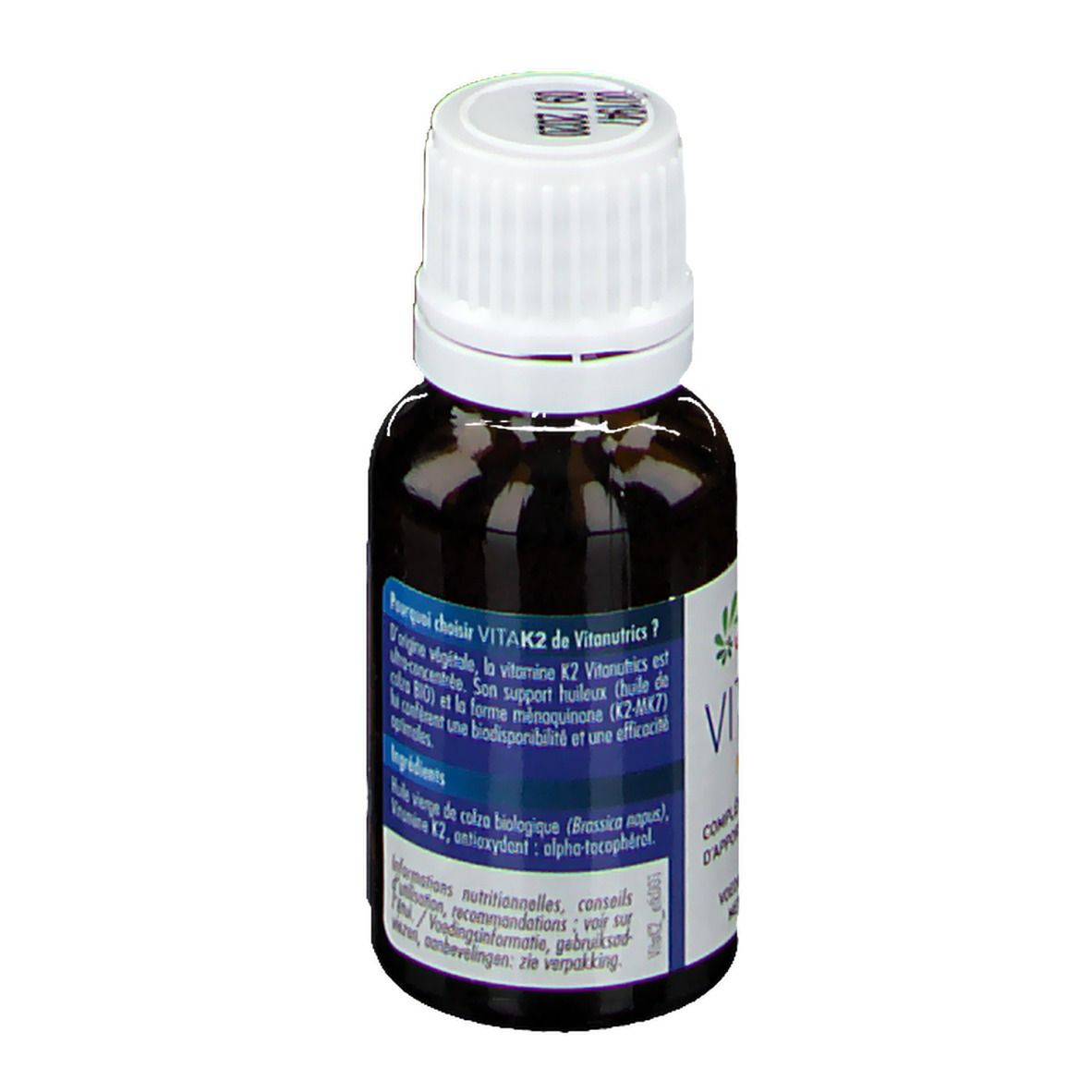 Braune Glasflasche mit weißem Deckel. Etikett mit Text in niederländischer Sprache. Produktinformationen.