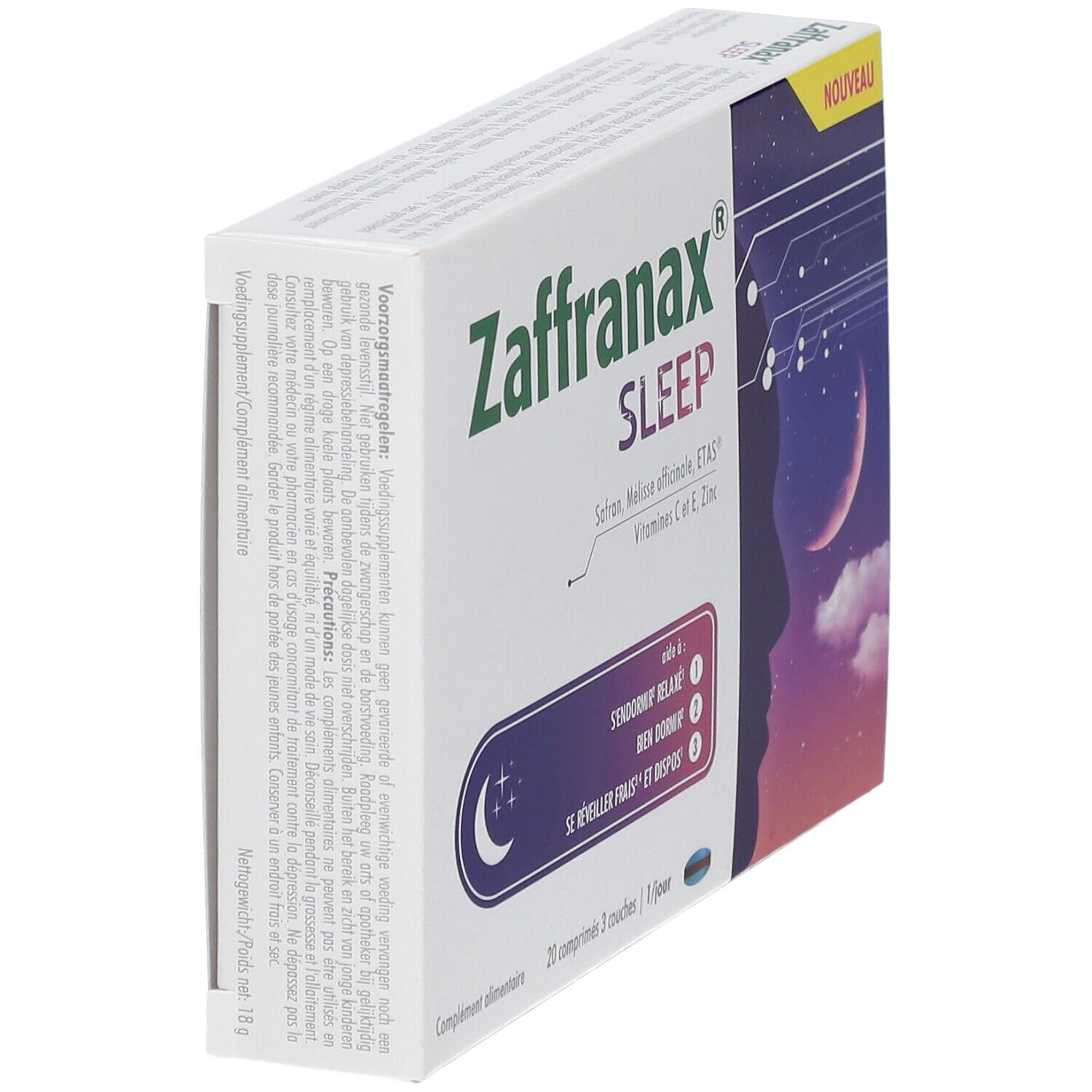 Doosje Zaffranax Sleep. Opschrift: 30 tabletten, vitamine C, E, zink. Paars maan- en sterrensymbool.