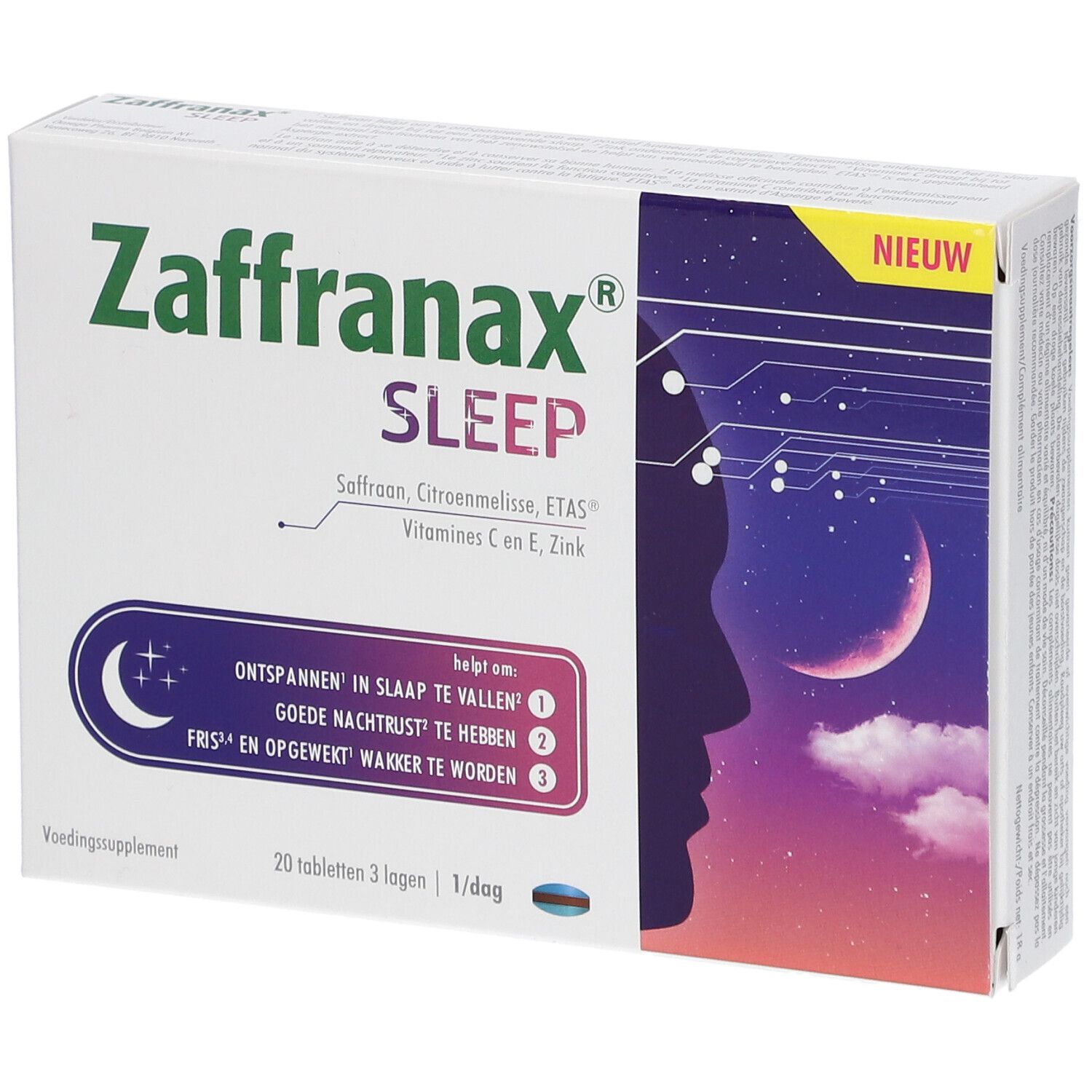 Doosje Zaffranax Sleep. Opschrift: 20 tabletten, vitamine C, E, zink. Paars maan- en sterrensymbool.