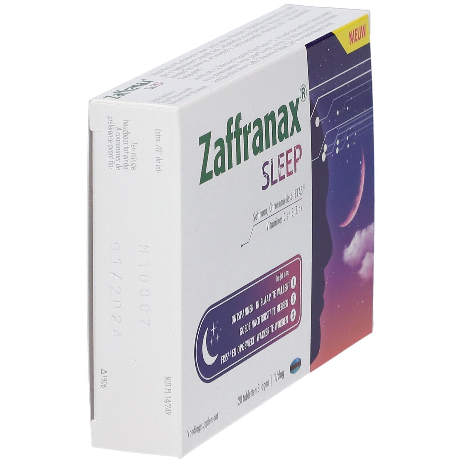 Doosje Zaffranax Sleep. Opschrift: 20 tabletten, vitamine C, E, zink. Paars maan- en sterrensymbool. Vervaldatum.