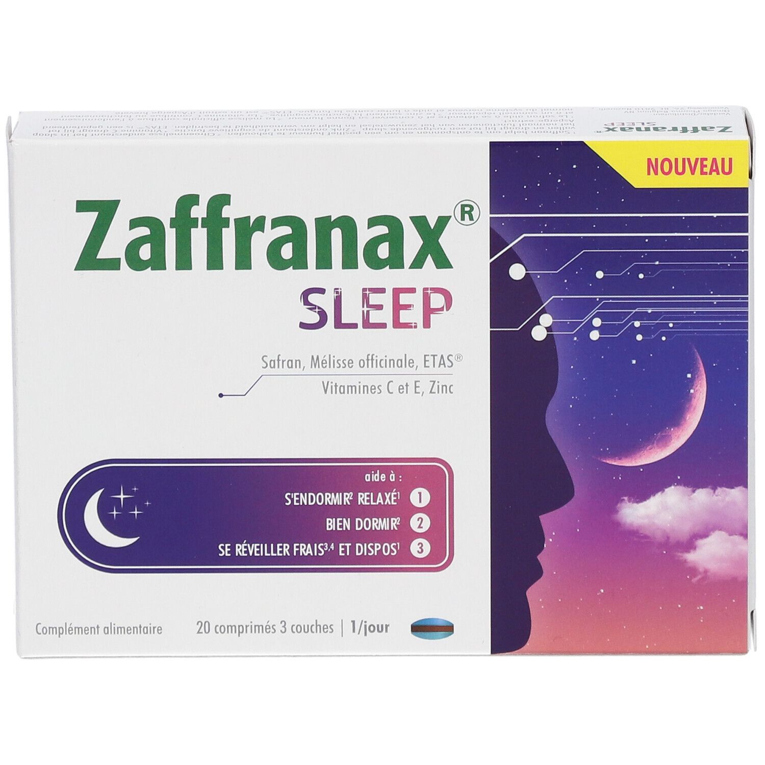 Doosje Zaffranax Sleep. Opschrift: 20 tabletten, vitamine C, E, zink. Paars maan- en sterrensymbool. Nieuw-label.