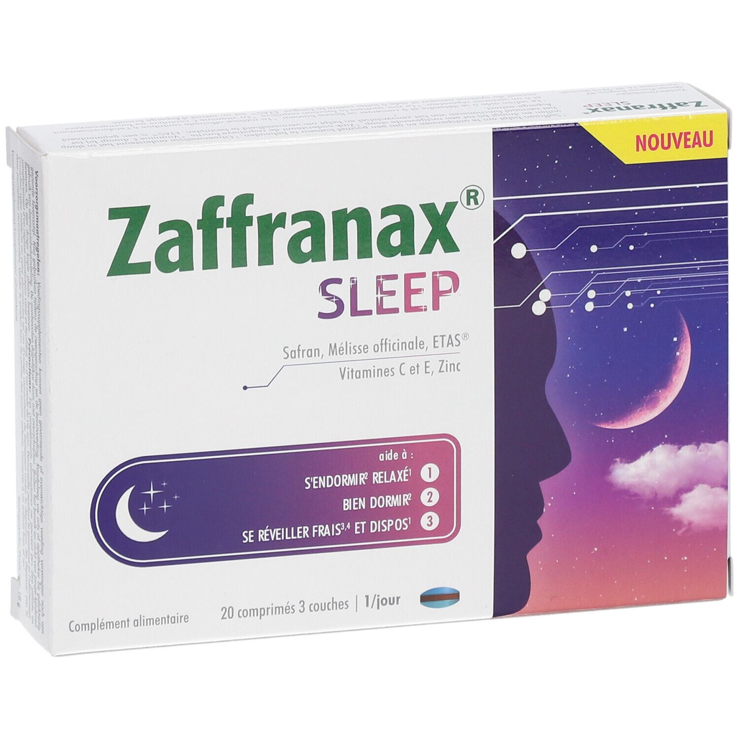 Doosje Zaffranax Sleep. Opschrift: 20 tabletten, vitamine C, E, zink. Paars maan- en sterrensymbool. Nieuw-label.