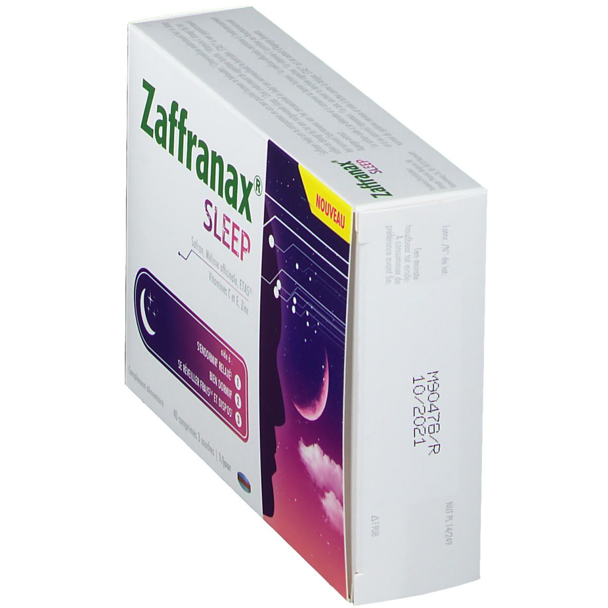 Zaffranax Sleep doos, schuin. Productnaam en ingrediënten zichtbaar. Maansymbool. Afdruk met datum.