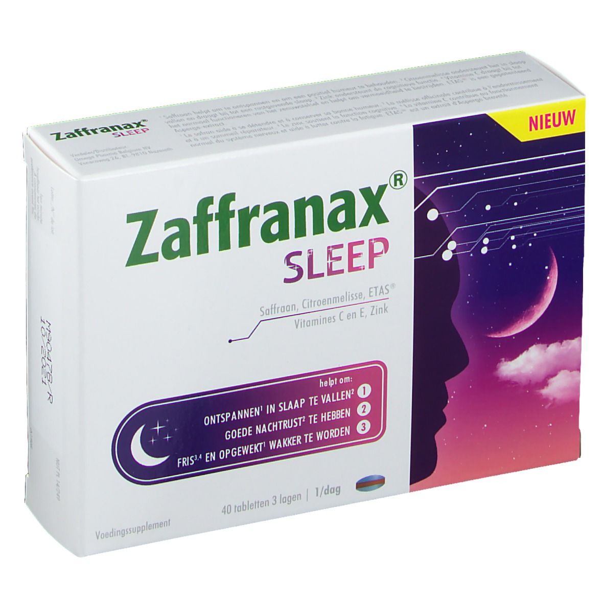 Doos Zaffranax Sleep. Groen-witte verpakking met productnaam en ingrediënten. Maansymbool.