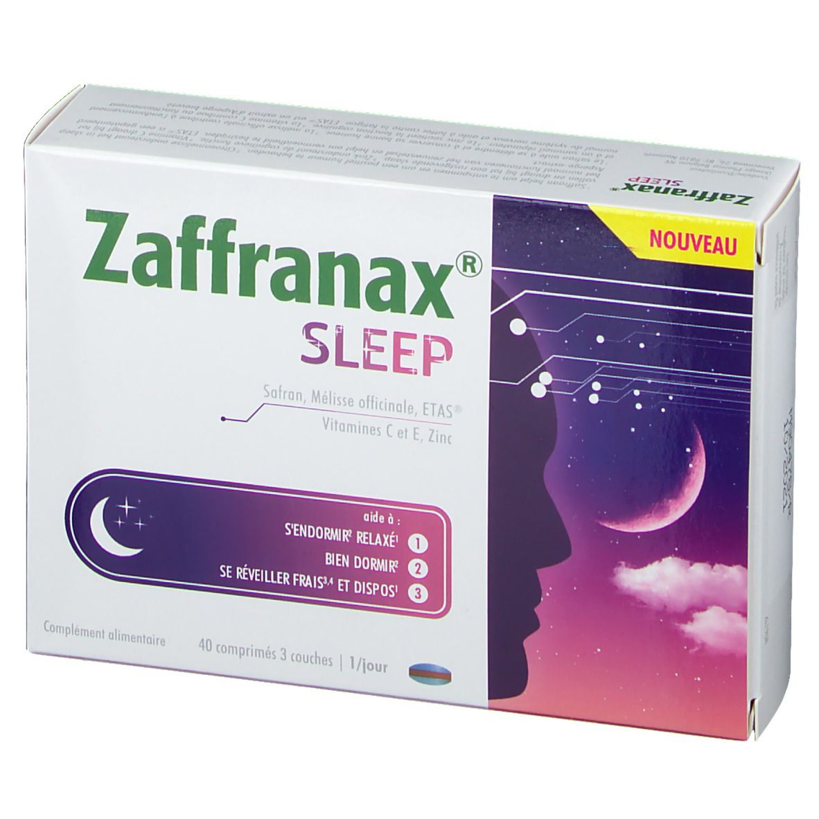 Doos Zaffranax Sleep. Groen-witte verpakking met productnaam en ingrediënten. Maansymbool.
