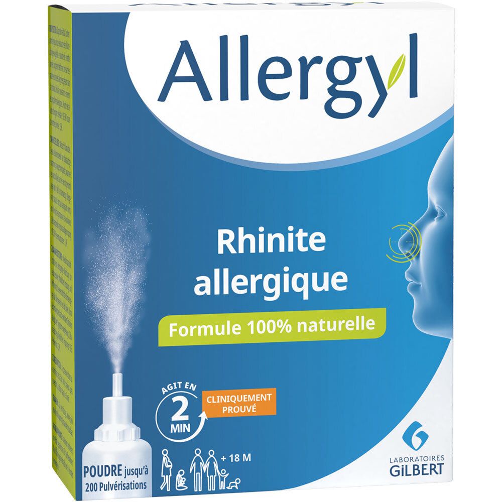 Boîte bleue et blanche avec le nom du produit. Texte : Rhinits allergique, Formule 100% naturelle. Profil nasal. Laboratoires Gilbert.