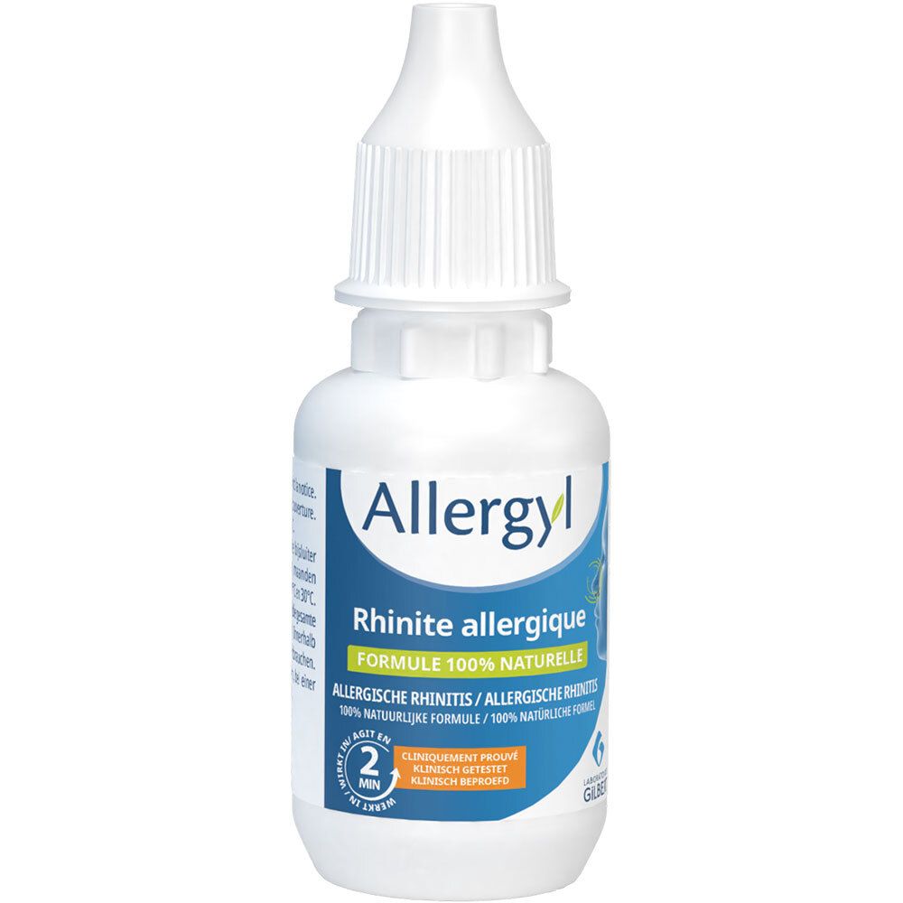 Flacon blanc avec compte-gouttes. Nom du produit : Allergyl. Texte : Rhinits allergique, Formule 100% naturelle. Laboratoires Gilbert.