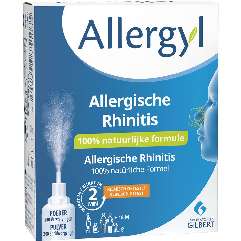 Boîte bleue et blanche avec nom du produit. Texte : Rhinite allergique, Formule 100% naturelle. Profil nasal. Laboratoires Gilbert.