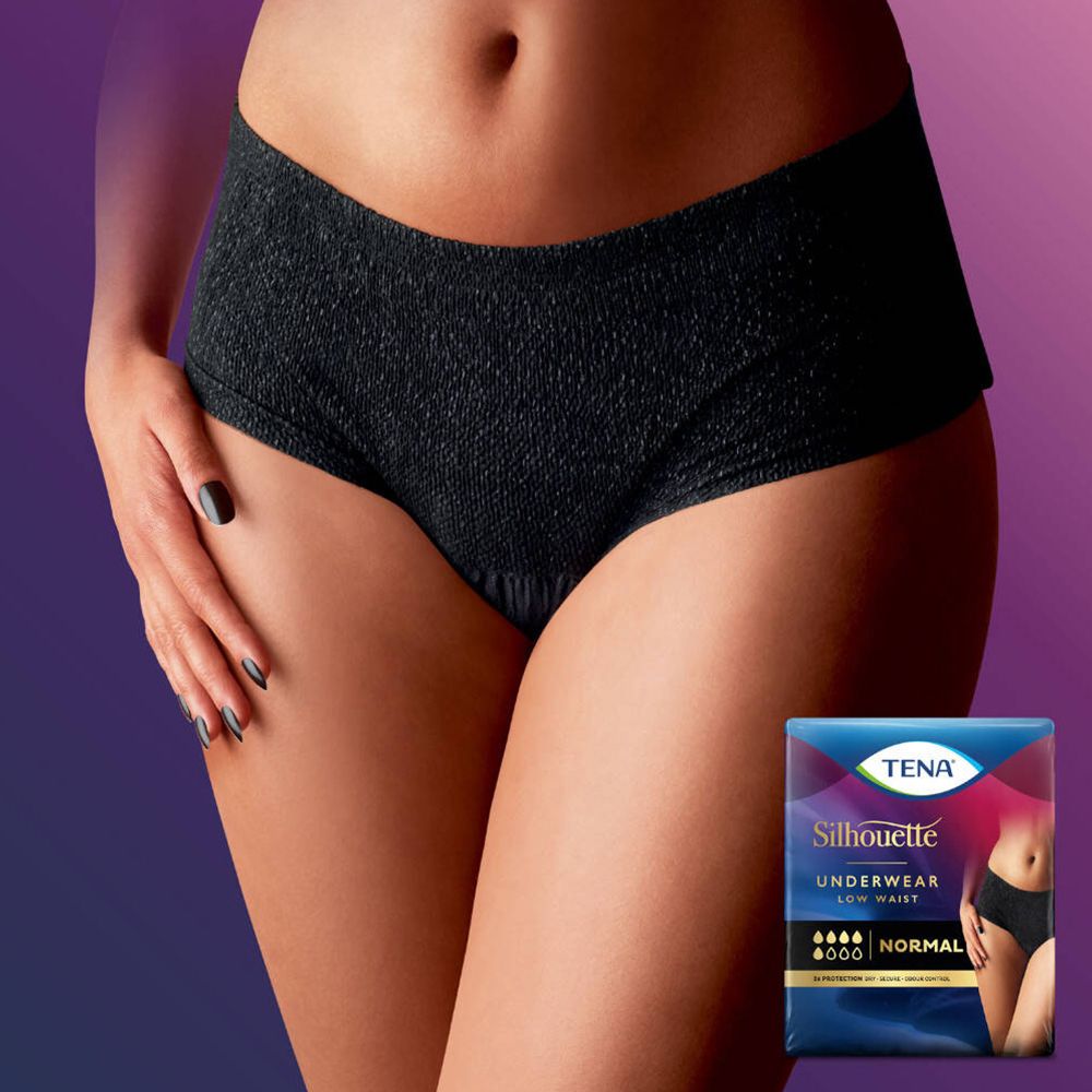 Schwarze Unterwäsche mit niedriger Taille. Marke TENA, Silhouette. Auf der Verpackung: Normal, x10.