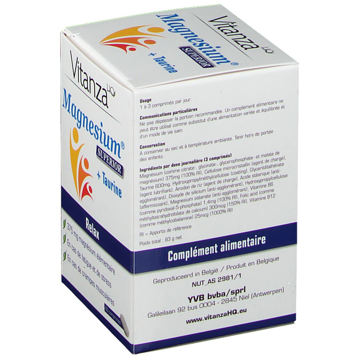Dos de la boîte Vitanza Magnesium® SUPERIOR + Taurine. Ingrédients et informations du fabricant.