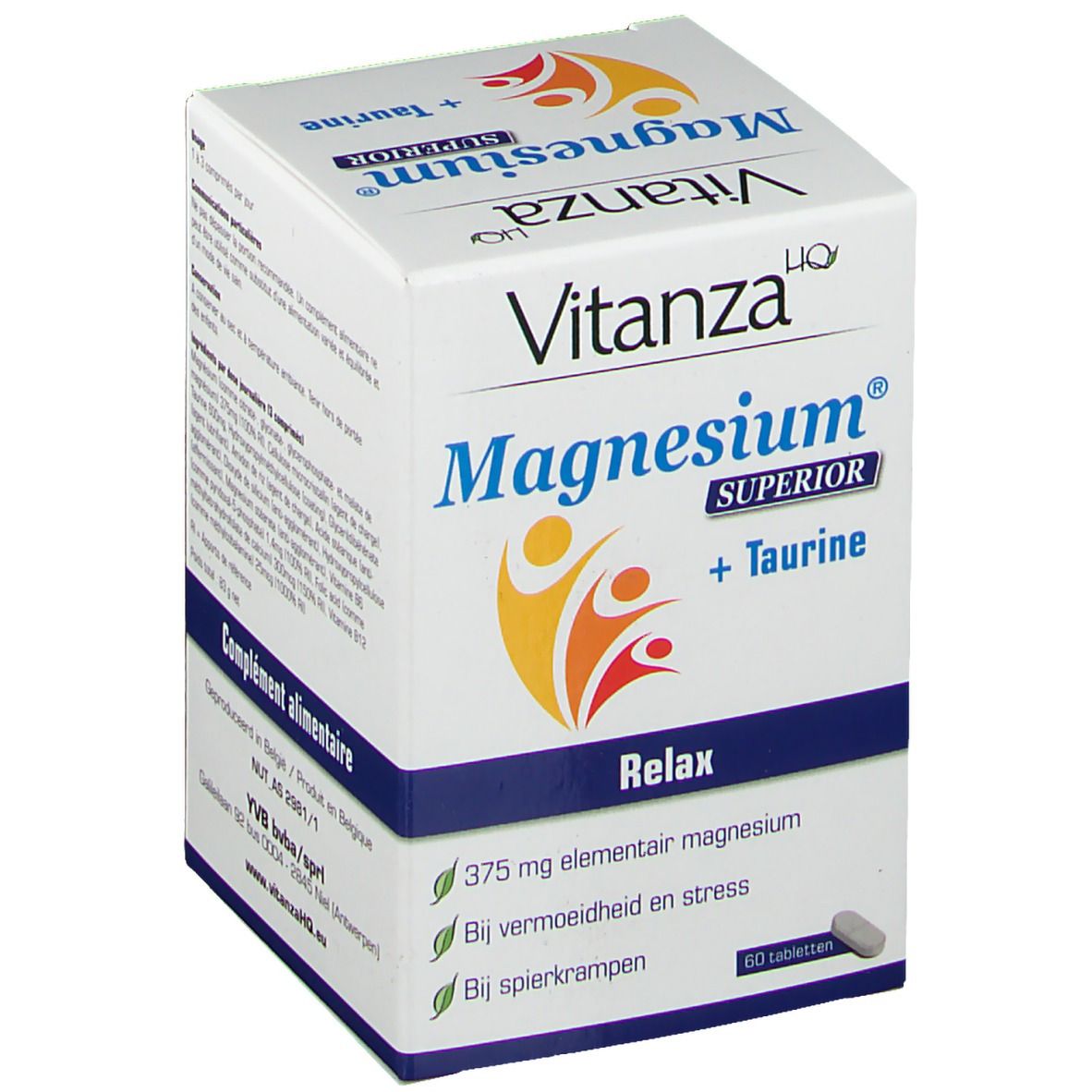 Boîte Vitanza Magnesium® SUPERIOR + Taurine. Ingrédients et informations sur l'emballage. 60 comprimés.