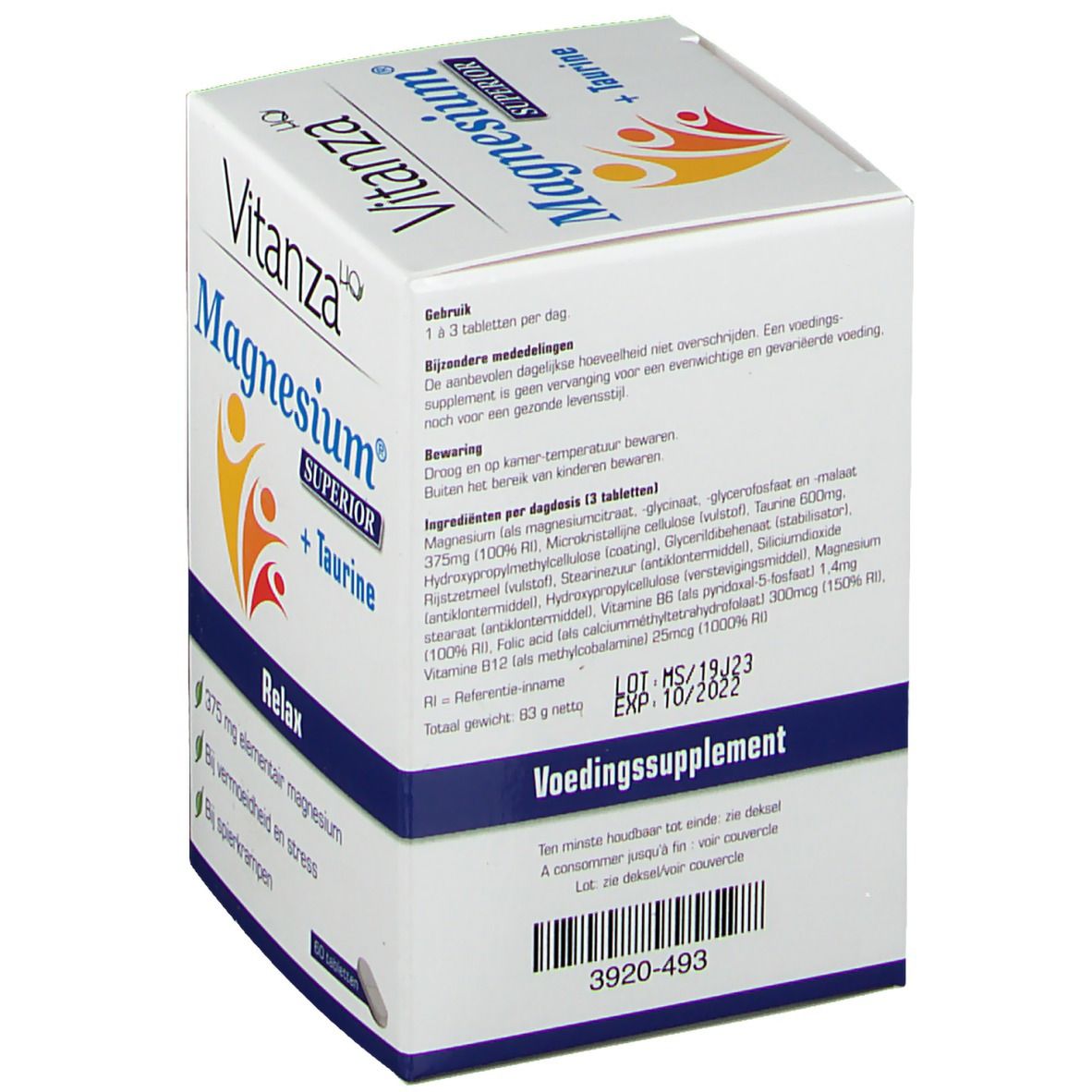 Dos de la boîte Vitanza Magnesium® SUPERIOR + Taurine. Ingrédients et date de péremption.