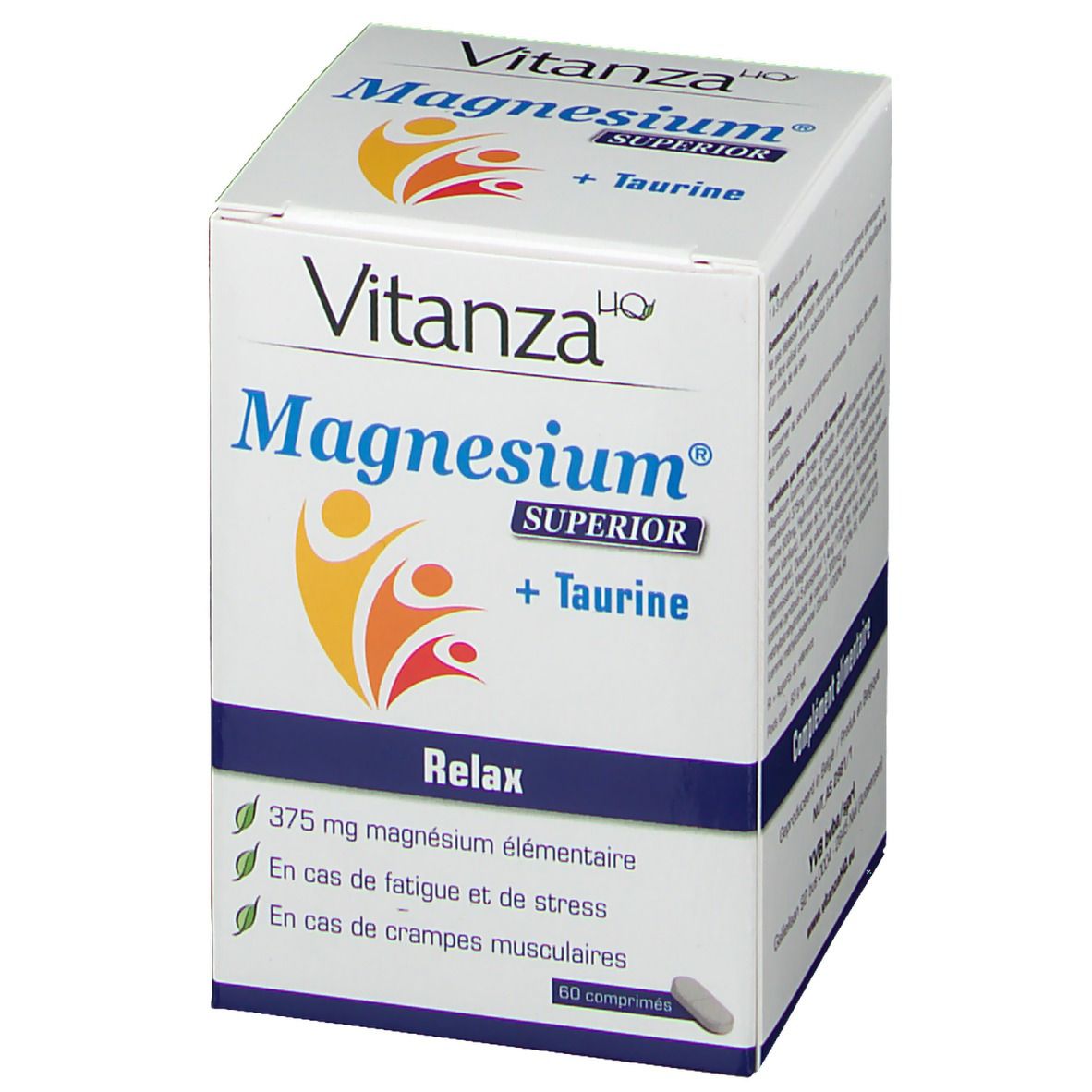 Boîte Vitanza Magnesium® SUPERIOR + Taurine. Ingrédients et informations sur l'emballage. 60 comprimés.