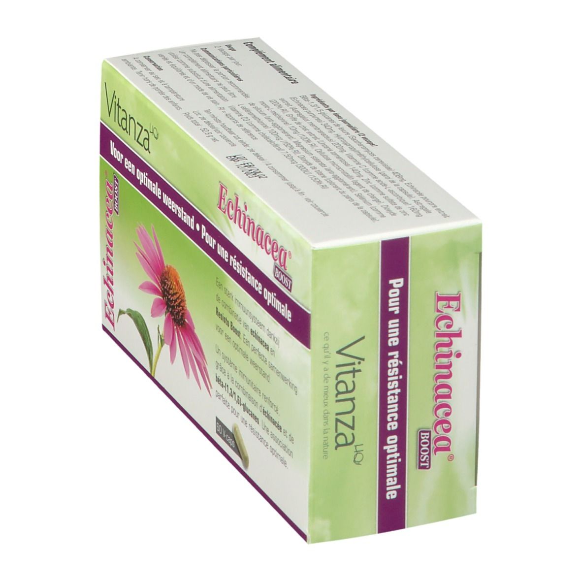 Boîte de Vitanza HQ Echinacea Boost en biais. Image du produit et texte.