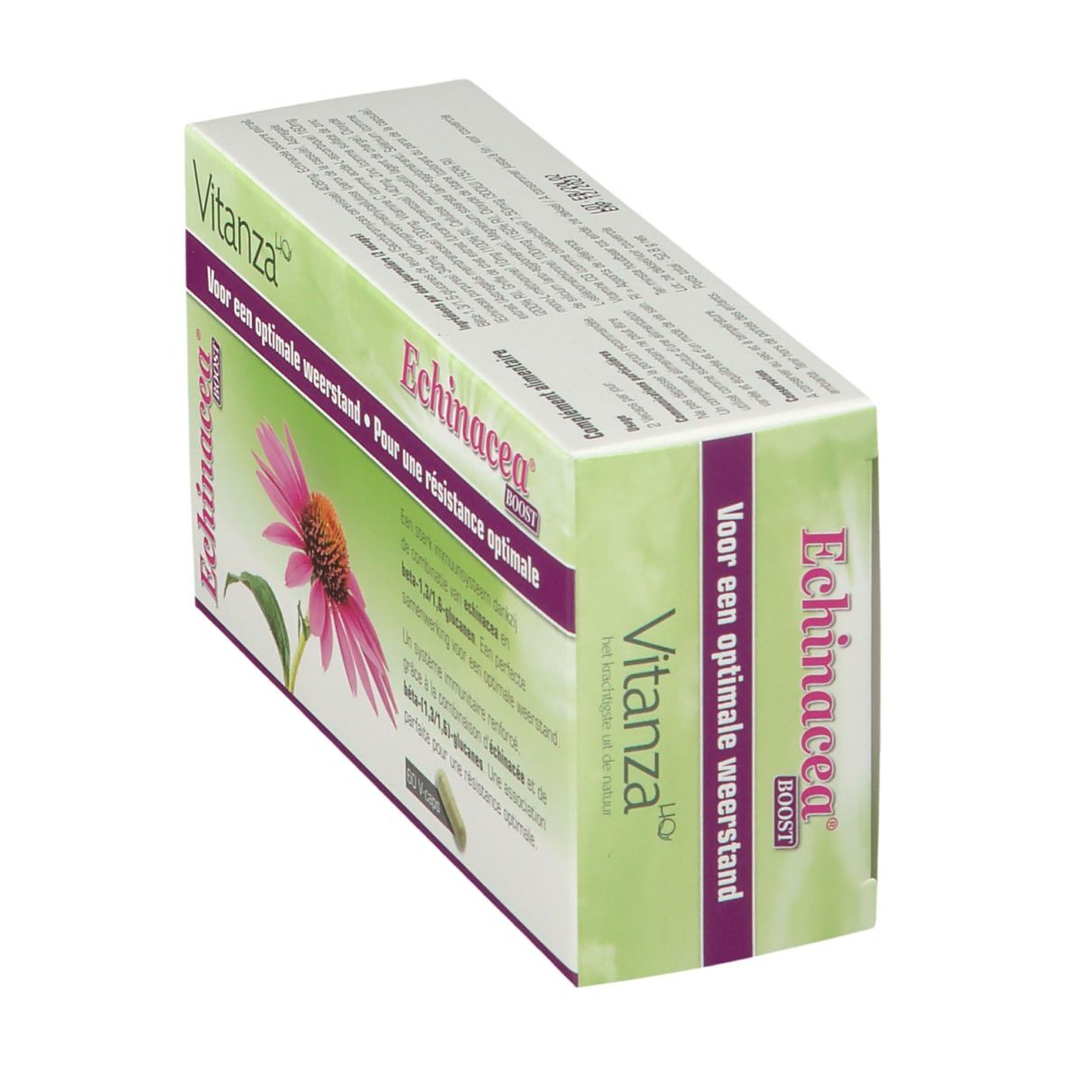 Boîte de Vitanza HQ Echinacea Boost en biais. Image du produit et texte.