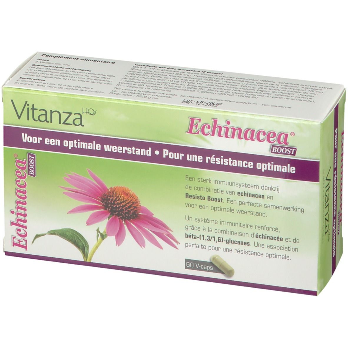 Boîte de Vitanza HQ Echinacea Boost. Image du produit et texte. Contient 60 capsules.