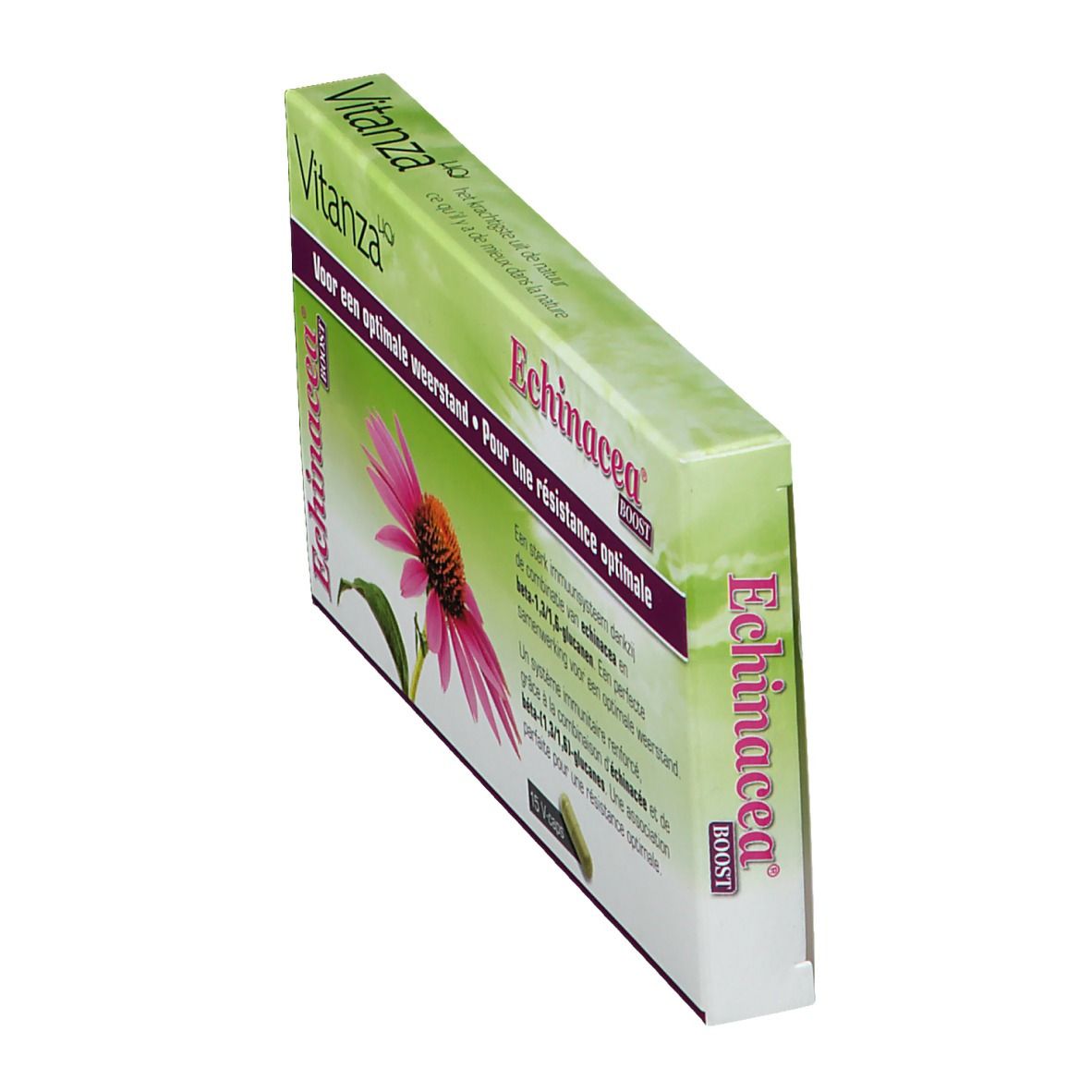 Boîte de Vitanza HQ Echinacea Boost en biais. Vert et blanc, nom et fleur. 15 capsules.