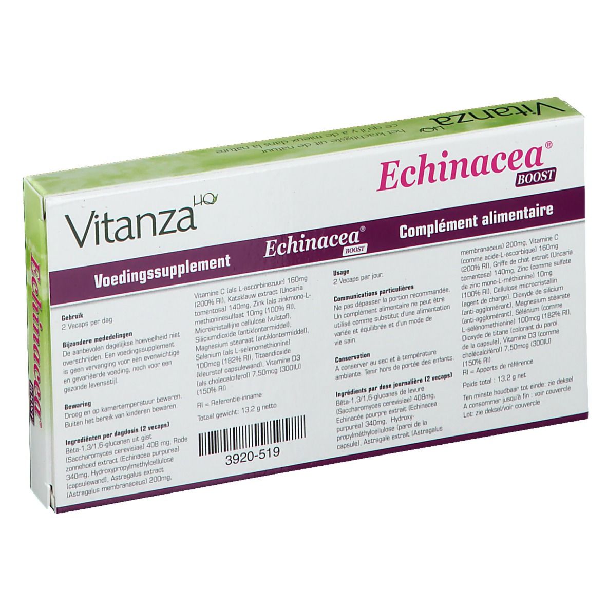 Dos de la boîte Vitanza HQ Echinacea Boost. Ingrédients et dosage. Fond blanc.