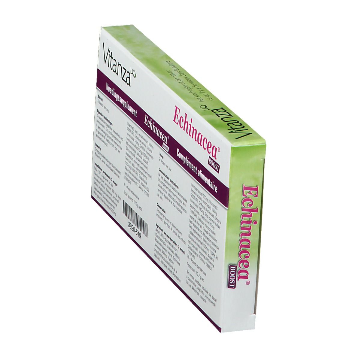 Dos de la boîte Vitanza HQ Echinacea Boost en biais. Ingrédients et dosage.