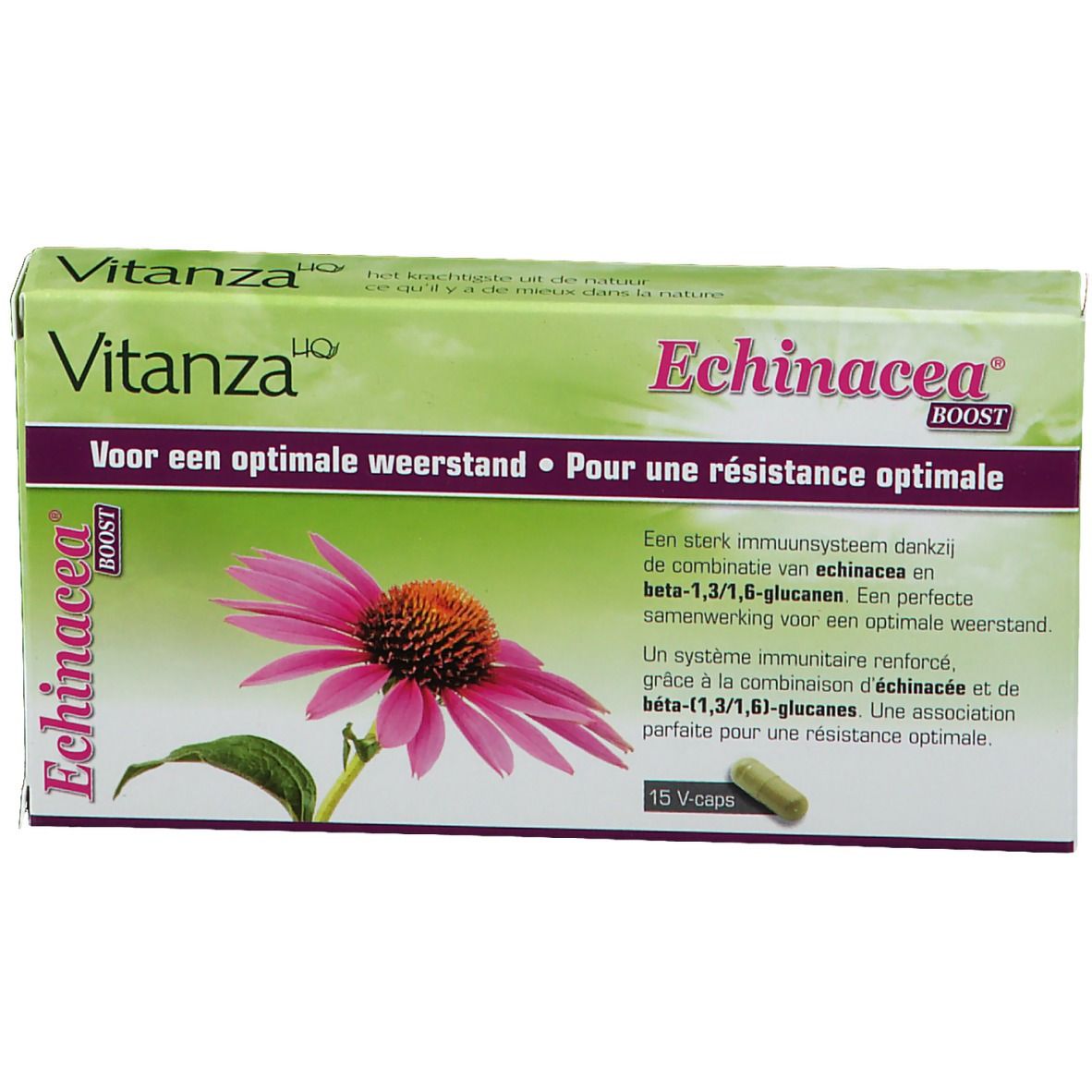 Boîte Vitanza HQ Echinacea Boost. Vert et blanc, nom et fleur. 15 capsules. Inscription: Pour une résistance optimale.