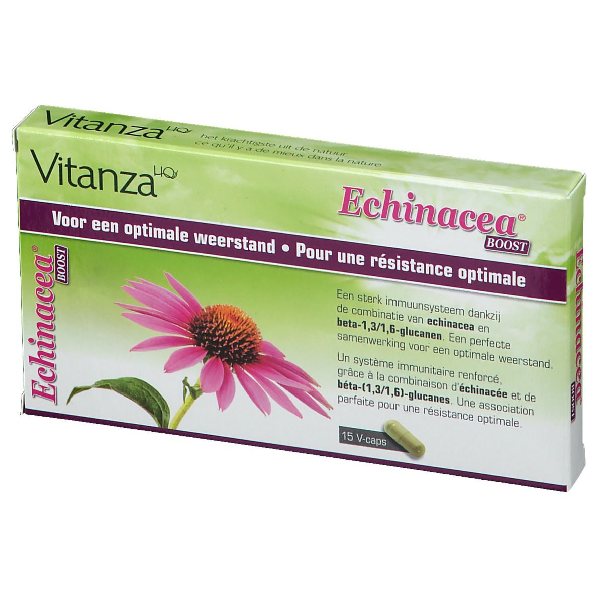 Boîte Vitanza HQ Echinacea Boost. Vert et blanc, nom et fleur. 15 capsules. Inscription: Pour une résistance optimale.