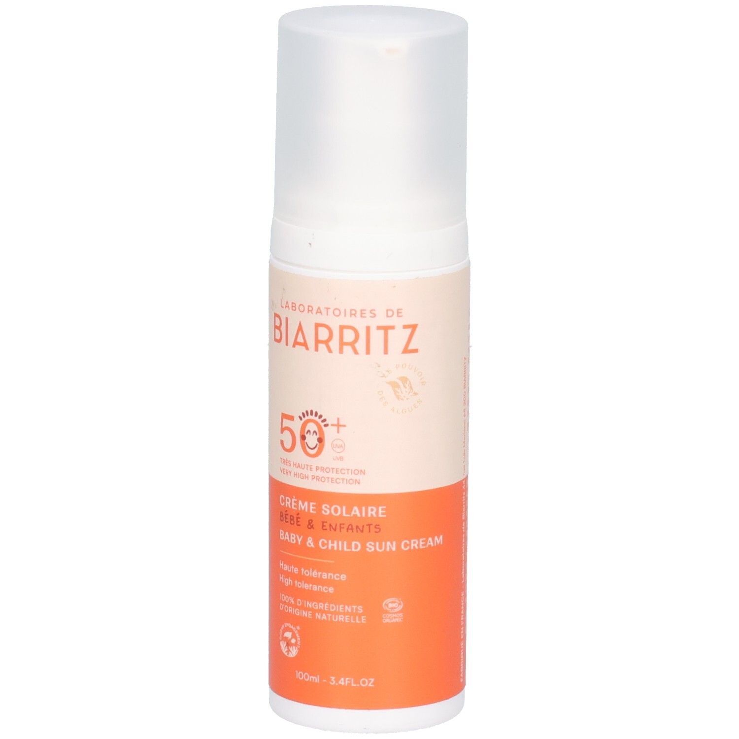 Sonnencreme-Flasche für Babys und Kinder. Weißer Deckel, orangefarbener und beiger Aufdruck. SPF 50+.