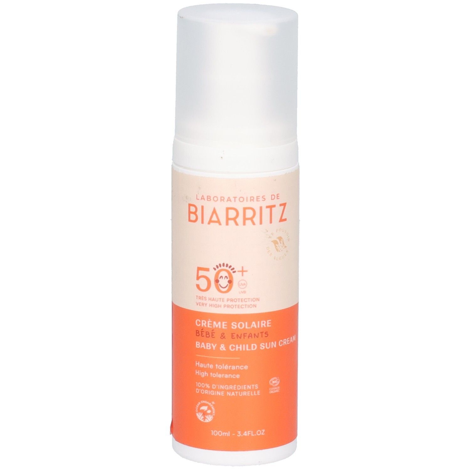 Sonnencreme-Flasche für Babys und Kinder. Weißer Deckel, orangefarbener und beiger Aufdruck. SPF 50+.