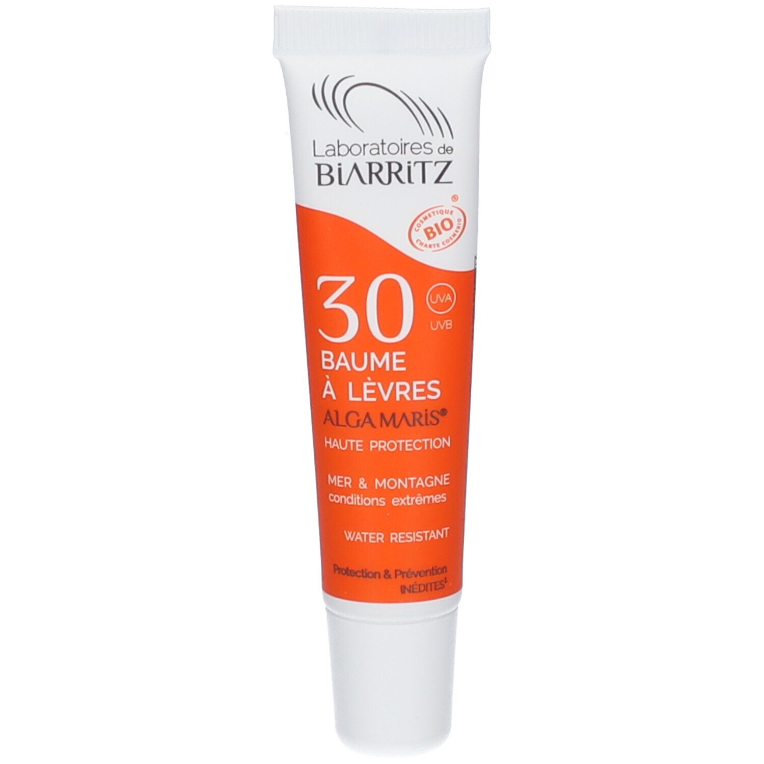 Tube blanc et orange de baume à lèvres. Texte: 30, Baume à Lèvres, Alga Maris, Haute Protection. Certification Bio.