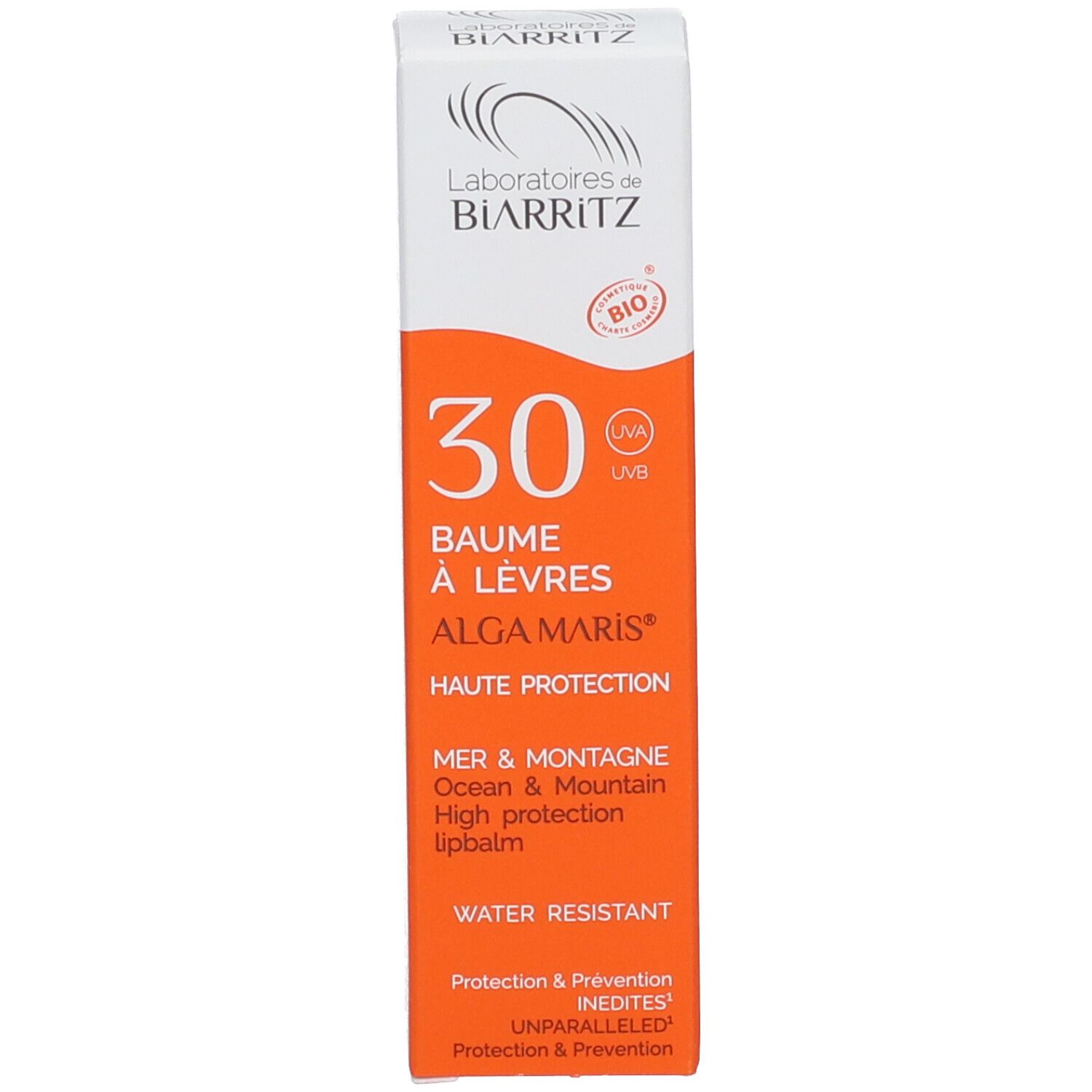 Emballage du produit. Texte: 30, Baume à Lèvres, Alga Maris, Haute Protection. Certification Bio. Orange et blanc.
