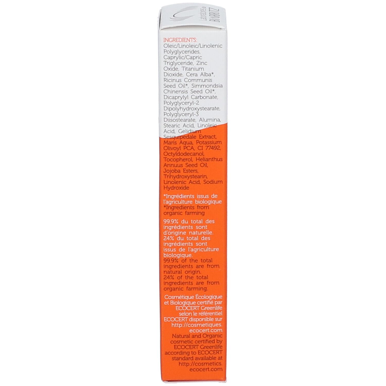 Emballage du produit. Texte: Ingrédients, certification ECOCERT. Orange et blanc. Liste des ingrédients.