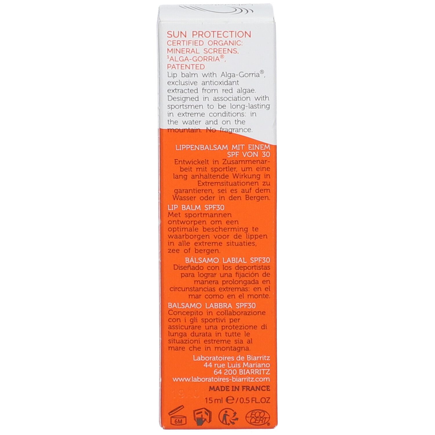 Emballage du produit. Texte: Sun Protection, Baume à lèvres SPF30. Fabriqué en France. Certification ECOCERT.