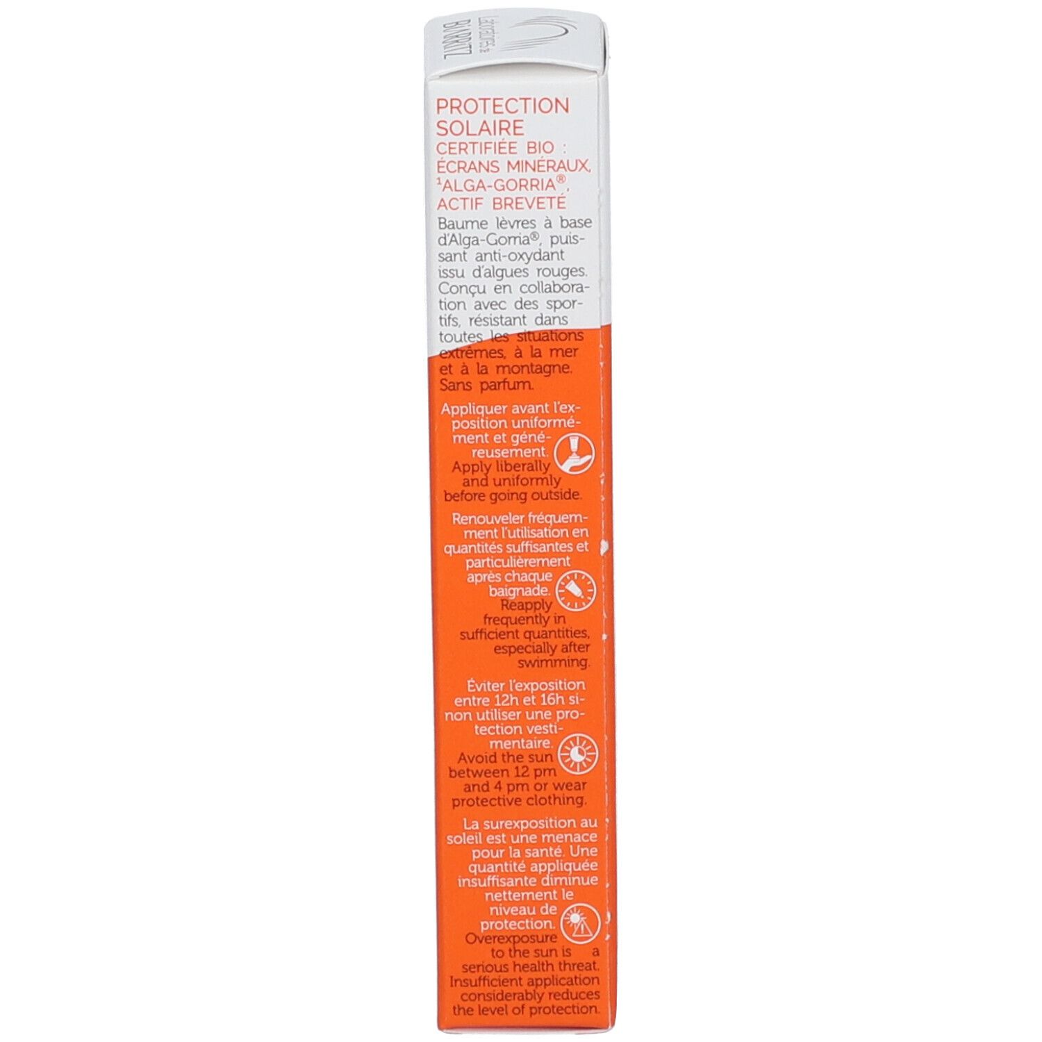Emballage du produit. Texte: Protection Solaire, Alga-Gorria, Actif Breveté. Instructions. Certification ECOCERT.