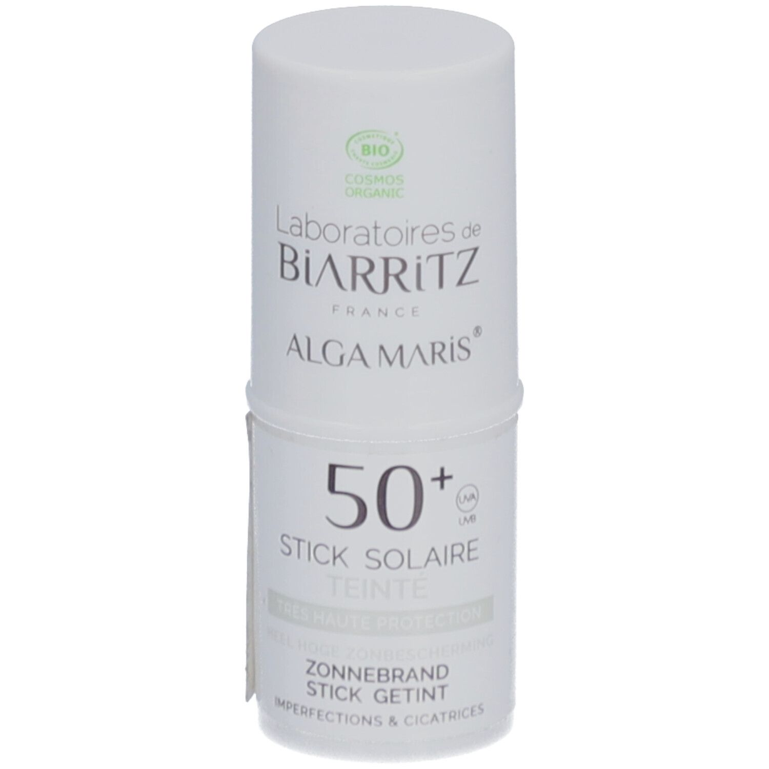 Stick solaire blanc. Inscription "50+". Label "Laboratoires de Biarritz" et "ALGA MARIS". Logo bio.