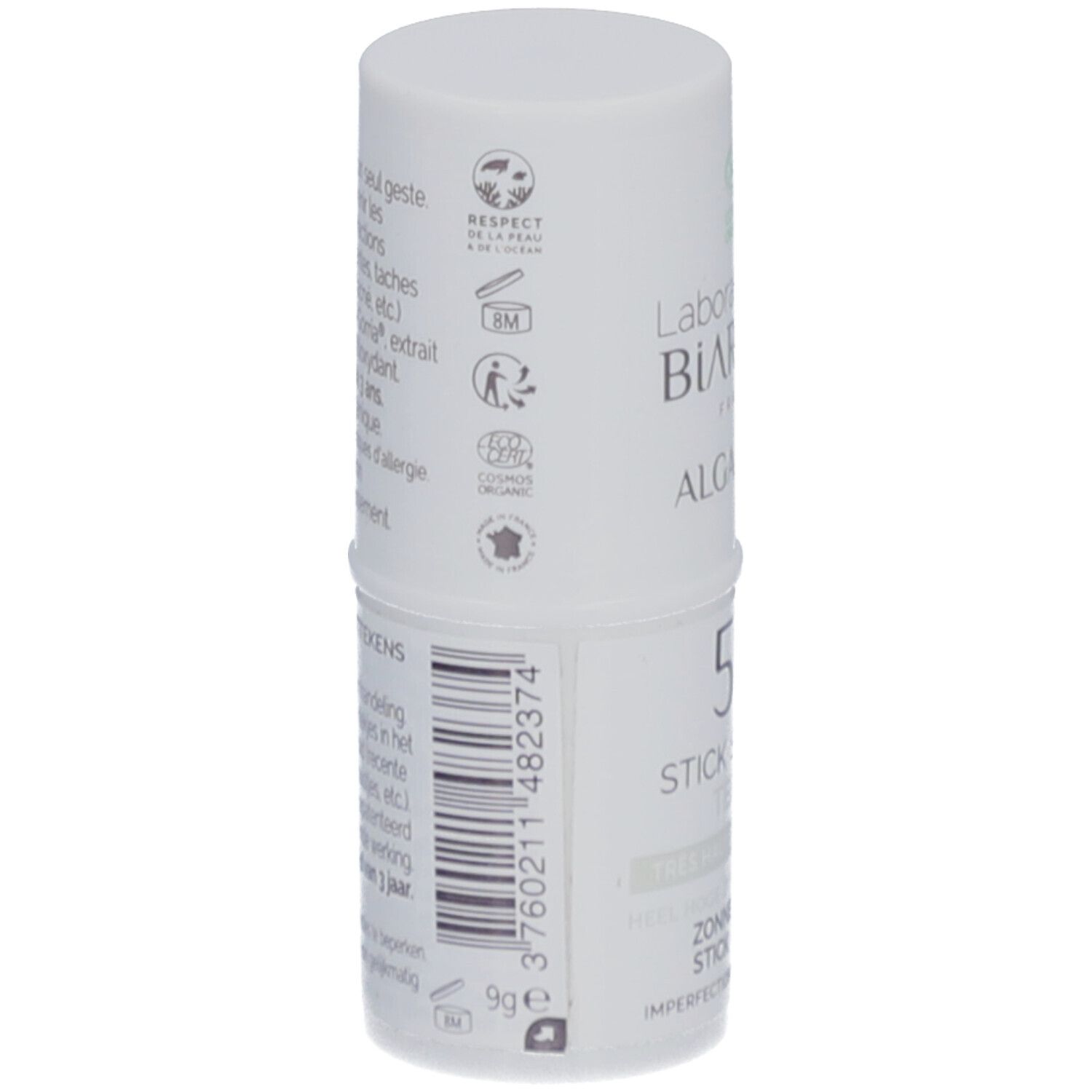 Stick solaire blanc. Verso avec texte, code-barres et logos. "Laboratoires de Biarritz" et "ALGA MARIS" visibles.