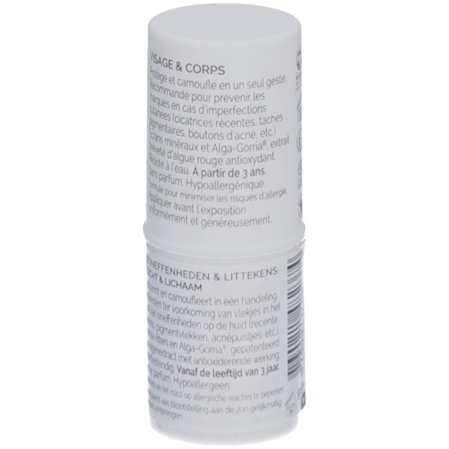 Stick solaire blanc. Texte en français et néerlandais. "Laboratoires de Biarritz" et "ALGA MARIS" visibles.