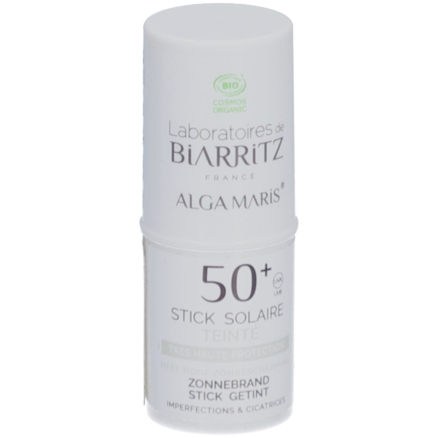 Stick solaire blanc. Inscription "50+". Label "Laboratoires de Biarritz" et "ALGA MARIS". Logo bio.