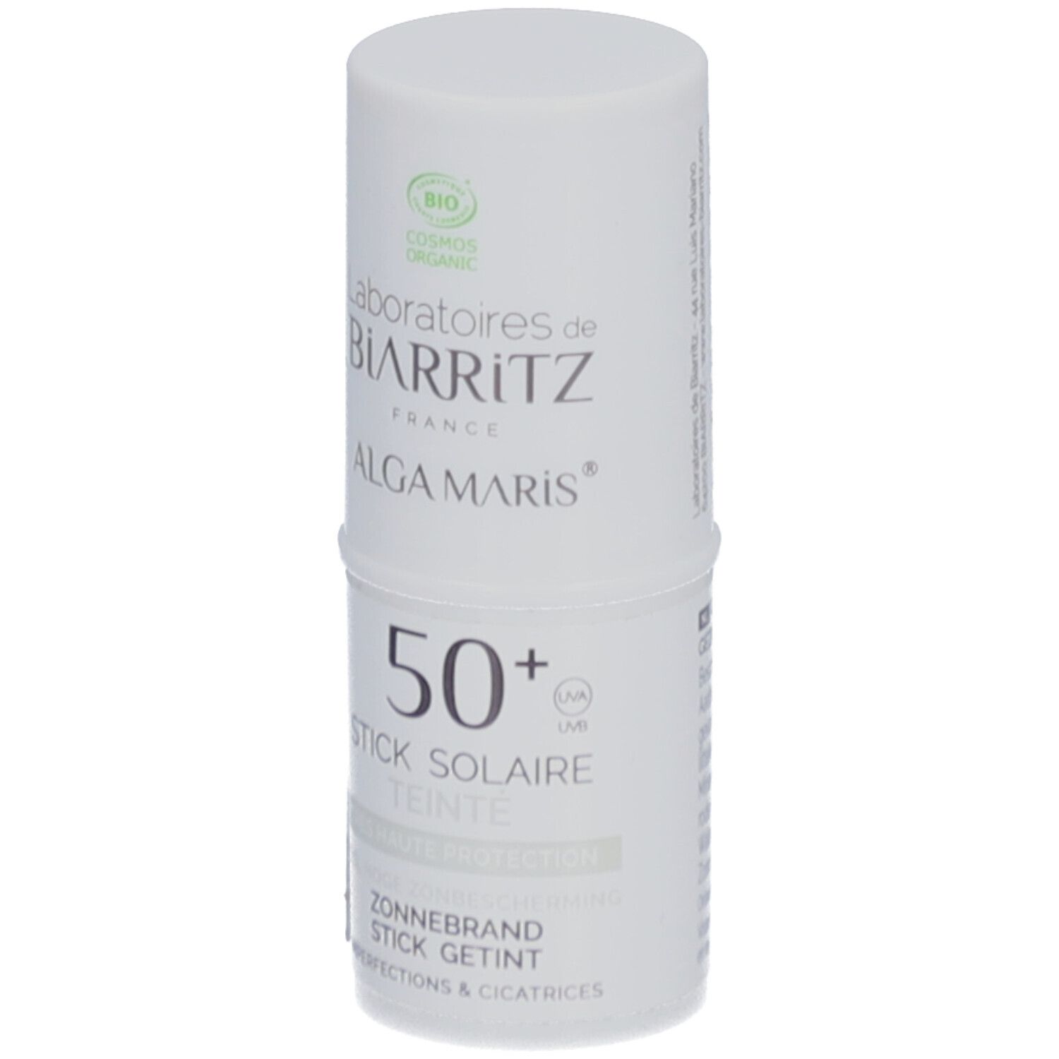 Stick solaire blanc. Inscription "50+". Label "Laboratoires de Biarritz" et "ALGA MARIS". Logo bio.