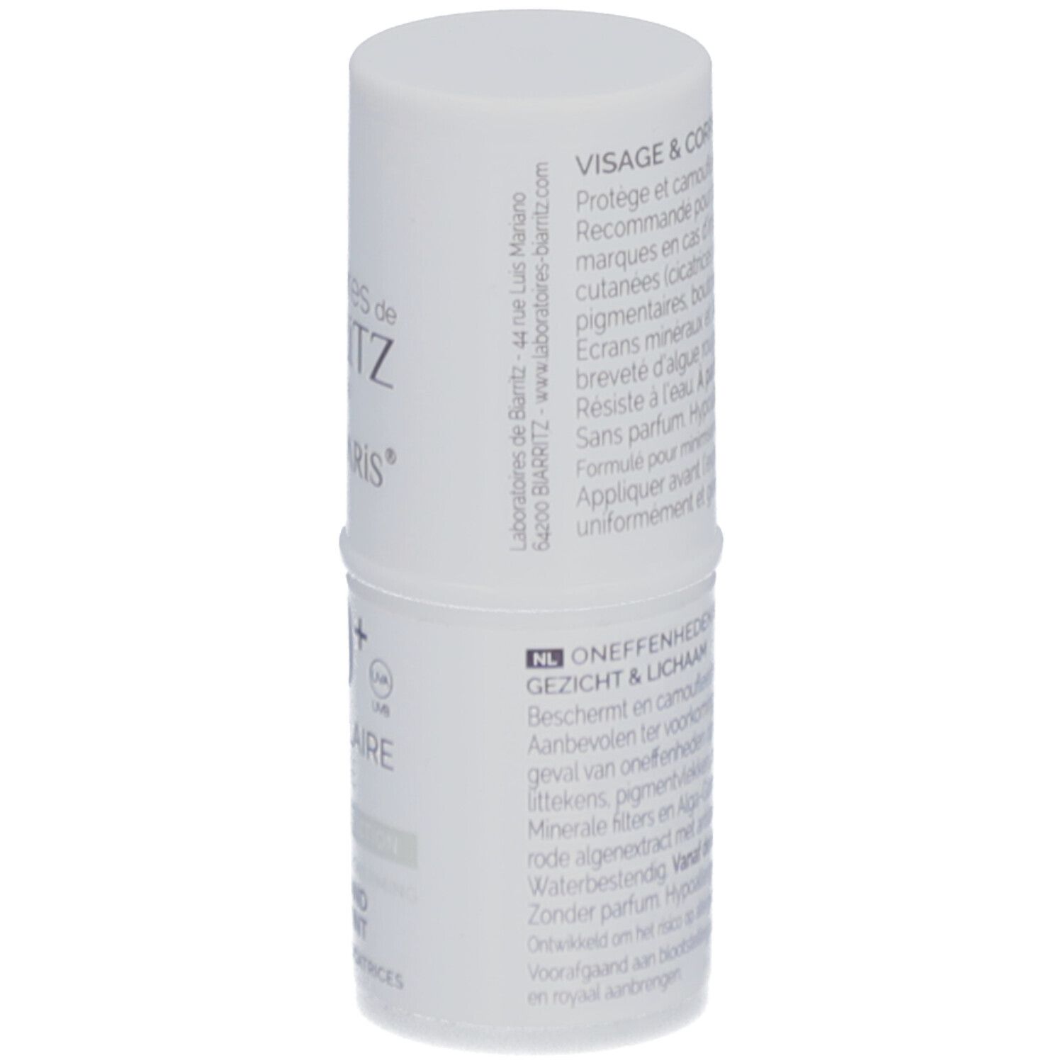 Stick solaire blanc. Verso avec texte, code-barres et logos. "Laboratoires de Biarritz" et "ALGA MARIS" visibles.