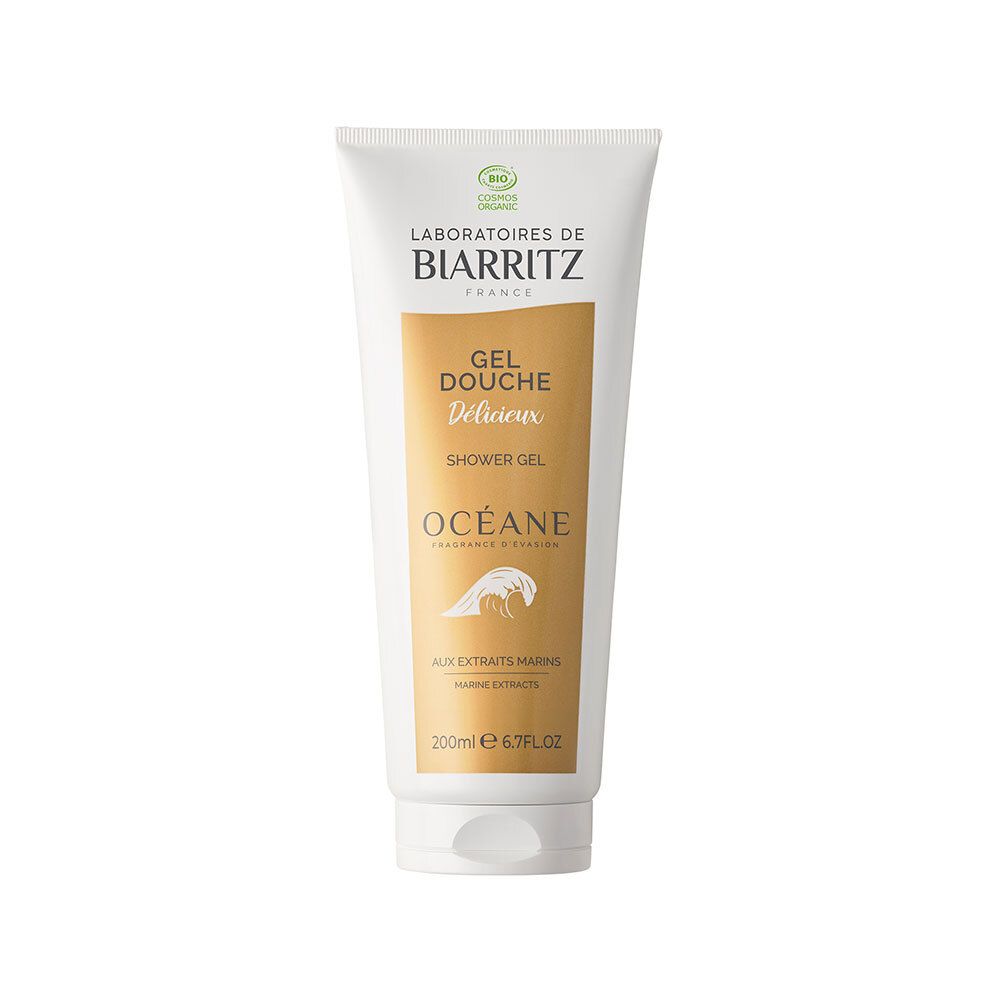 Weiß-goldene Tube mit Produktbezeichnung "Gel Douche Océane". Bio-Zertifizierung. 200ml.