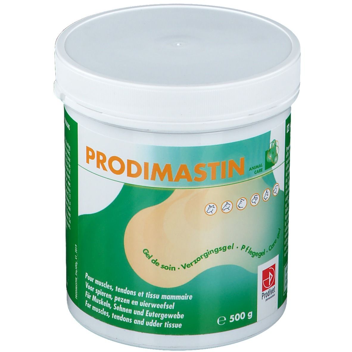 Weißer Tiegel mit grünem Etikett. Aufschrift: Prodimastin, Gel de soin, 500 g. Für Muskeln, Sehnen und Eutergewebe.