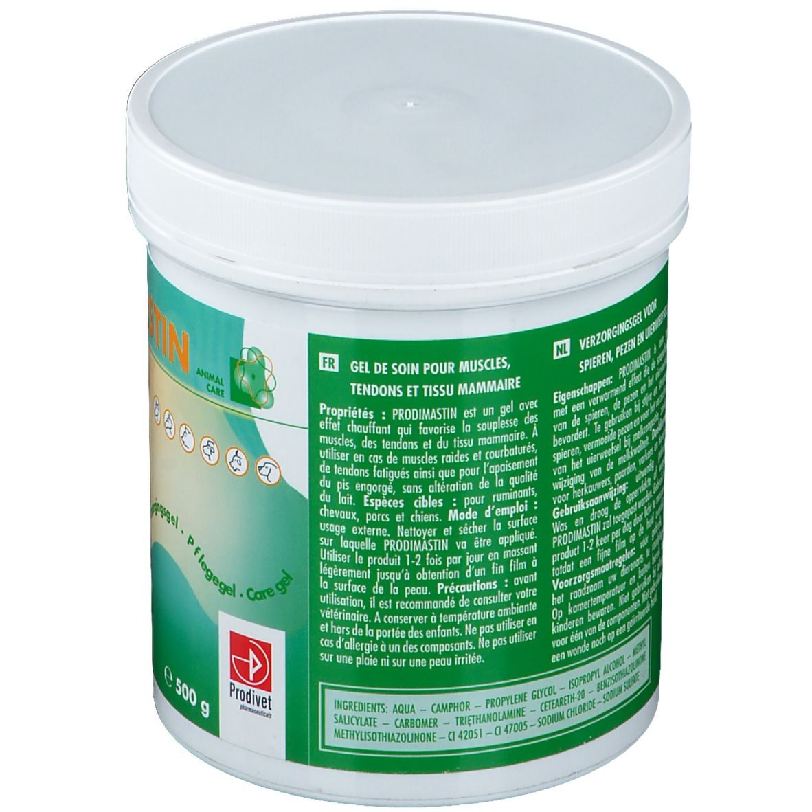 Rückseite des weißen Tiegels mit grünem Etikett. Text: Gel de soin pour muscles, tendons et tissu mammaire. Inhaltsstoffe.