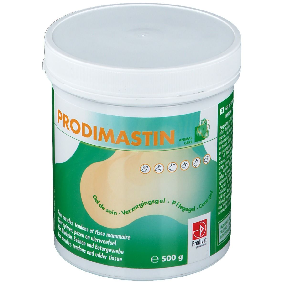 Weißer Tiegel mit grünem Etikett. Aufschrift: Prodimastin, Gel de soin, 500 g. Für Muskeln, Sehnen und Eutergewebe.