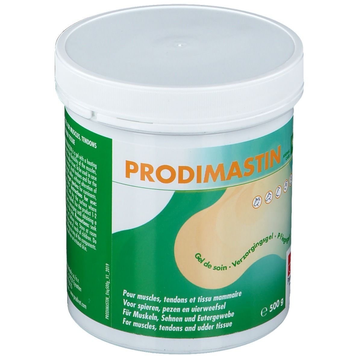 Weißer Tiegel mit grünem Etikett. Aufschrift: Prodimastin, Gel de soin, 500 g. Für Muskeln, Sehnen und Eutergewebe.