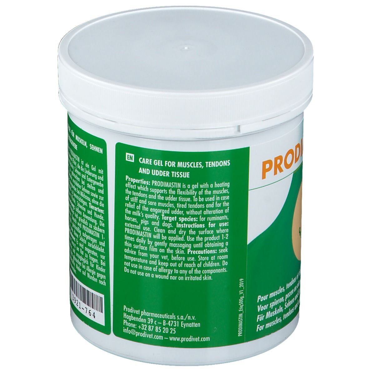 Rückseite des weißen Tiegels mit grünem Etikett. Text: Care gel for muscles, tendons and udder tissue. Inhaltsstoffe.