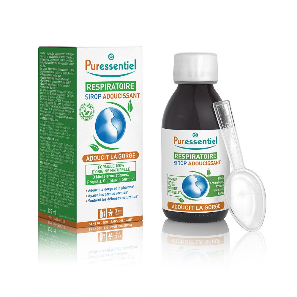 Flacon de sirop Puressentiel. Bouchon blanc, cuillère doseuse. Inscription : Respiratoire, Sirop Adoucissant.