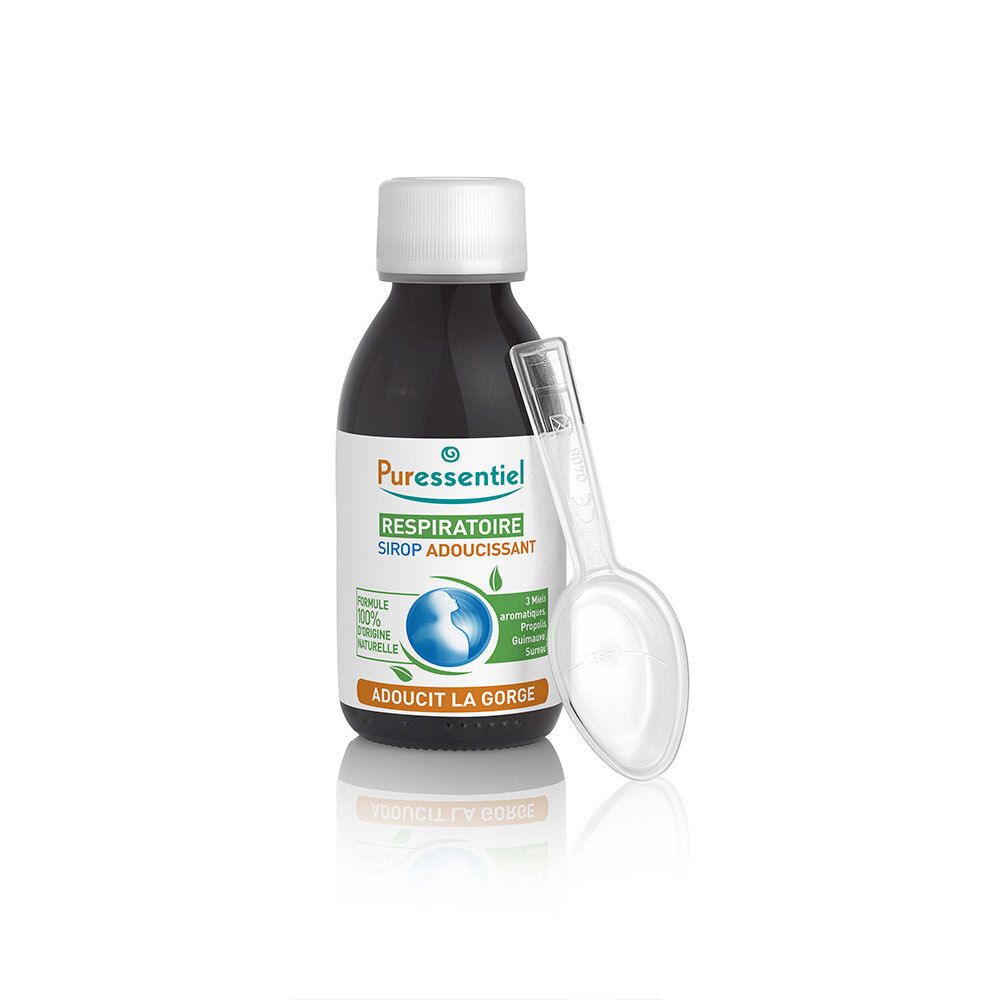 Flacon de sirop Puressentiel. Bouchon blanc, cuillère doseuse. Inscription : Respiratoire, Sirop Adoucissant.