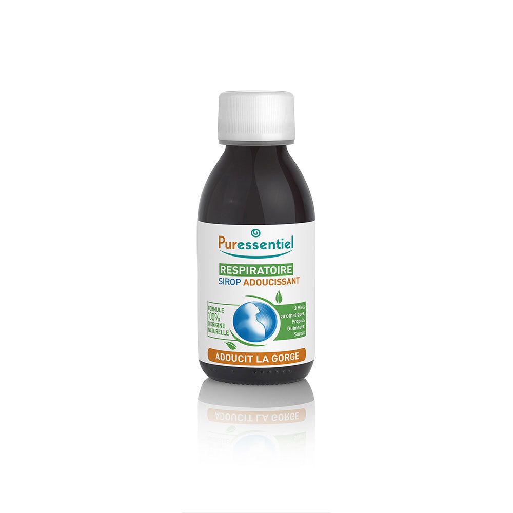 Flacon de sirop Puressentiel. Bouchon blanc. Inscription : Respiratoire, Sirop Adoucissant.